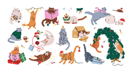 Plakat Funny Christmas and New Year cats. Cute kitties playing on winter holidays. Naughty kittens pets with gift, fir tree. Feline Xmas fun. Flat graphic vector illustration isolated on white background