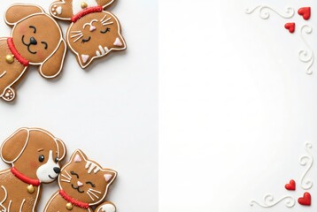 Gingerbread dog and cat couples with red hearts for Christmas, New Year and Valentine's Day. Cute holiday pet cookies on left side of white background with copy space.