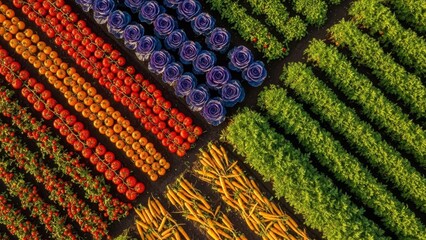 Aerial view of organic vegetable farm with colorful produce rows featuring red tomatoes orange carrots purple cabbage and green leafy vegetables in geometric pattern