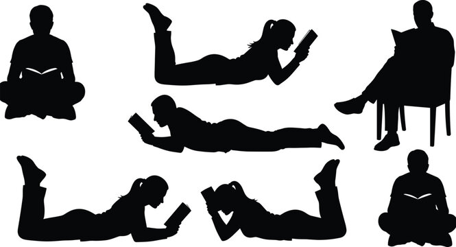 Black silhouettes of people reading books in various poses sitting and lying down isolated on a white background