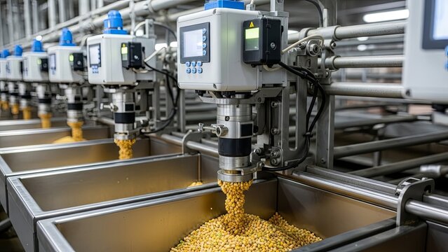 Automated food processing machinery dispensing yellow soybeans into stainless steel containers with digital control panels in modern industrial facility