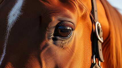 Close up detailed view of brown horse eye with golden sunlight reflection and leather bridle harness equipment