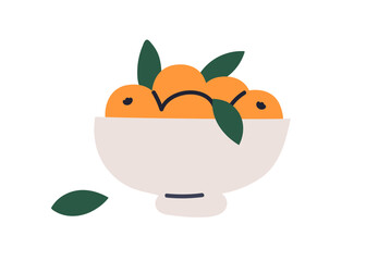 Tangerines pile, stacked in bowl. Sweet tropical citrus fruits, orange mandarins, healthy vitamin food, snack. Seasonal clementines with leaf. Flat vector illustration isolated on white background