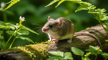 Small mouse sitting on a mossy log in a lush forest