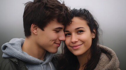 Obraz premium A young couple shares an intimate moment outdoors in a soft misty atmosphere gazing warmly at the