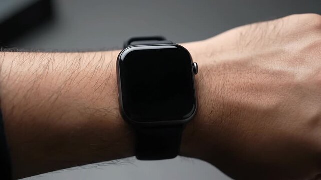 Close-up of a persons wrist wearing a modern smartwatch with a blank screen, showcasing wearable technology and smart device integration.