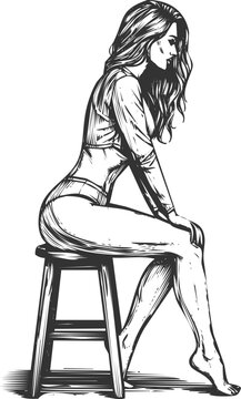 An engraving art style illustration a woman sitting on a stool with her legs crossed in a black and white illustration