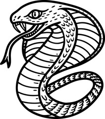 Fototapeta premium Cobra snake outline coiled venomous serpent with hood spread and tongue out, black and white line art