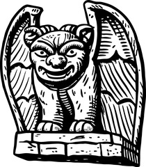 Gargoyle statue illustration with wings spread, fantasy guardian creature on architectural ledge