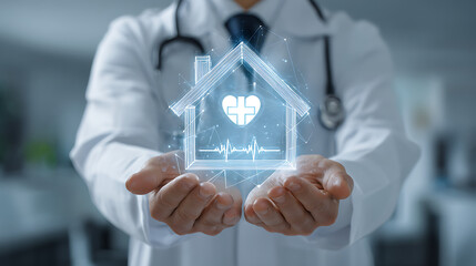 Doctor hands holding glowing house icon with medical symbols image