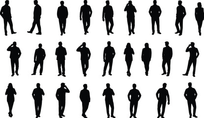 Large Collection Adult People Silhouettes Standing Walking Poses Business Casual Man Woman Vector Architecture Design Graphic Elements Set