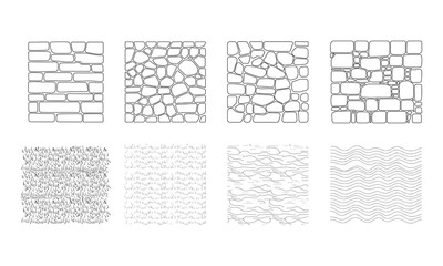 Landscape Architecture CAD Vector Patterns Set. Grass, Water, Stone, Wall, and Texture Elements