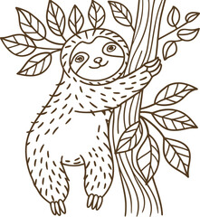 Obraz premium Playful sloth hanging on tree branch with leaves, cute woodland animal line art illustration