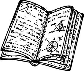 Open math textbook with hand drawn geometric formulas, diagrams and algebraic equations illustration