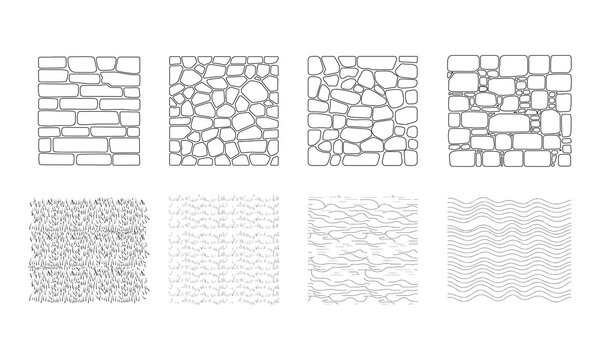 Landscape Architecture CAD Vector Patterns Set. Grass, Water, Stone, Wall, and Texture Elements