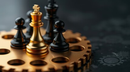 Golden King Chess Piece Surrounded by Black Pawns on Gear Background for Strategy and Competition Themes