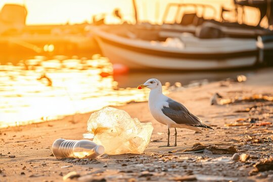 A seagull on the seashore surrounded by plastic waste. Conceptual close-up photo dedicated to environmental protection. - Powered by Adobe