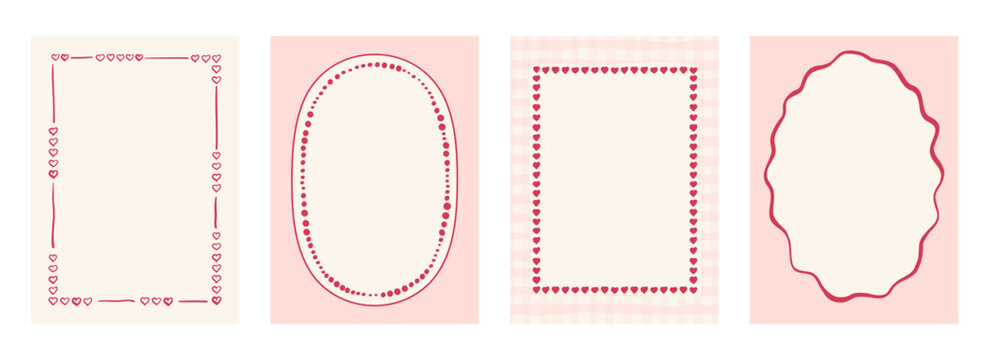 Cute frames of Valentine's Day with bows. Hand drawn backgrounds for coquette greeting cards. Template for poster, banner, wedding invitation, birthday card.