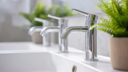 A line of sleek shiny chrome taps with lever handles is installed above clean white ceramic sinks in a contemporary bathroom setting enhanced by a lush green plant