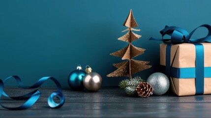 Festive Christmas Decorations with Present and Ornament on a Wooden Table against a Blue Background