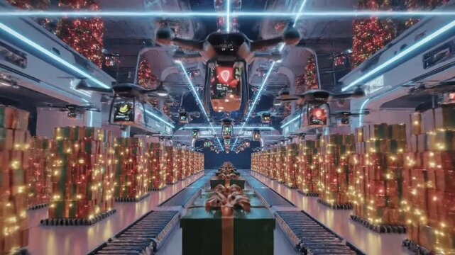 Futuristic Christmas Gift Factory with Automated Production Line and Robotic Arms.