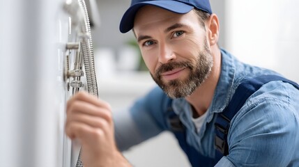 Friendly male professional dressed in blue overalls and cap confidently installs a shower fixture offering skilled home maintenance and plumbing services