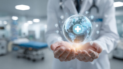 Doctor holding glowing digital globe with medical network healthcare technology