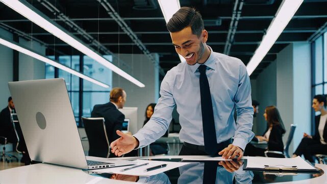 Young bank worker man shaking hand with client, recruit employee on interview or business partner after signing contract. Group of people satisfied with results of team work