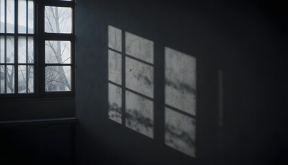 Dark room with window view at night