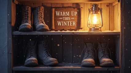 A cozy winter scene with boots, a glowing lantern, and a "Warm up this winter" sign on a wooden shelf.