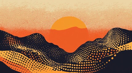 Abstract hilly landscape presenting a vibrant sunset or sunrise with a distinct halftone dot pattern technique, creating a retro artistic and textured visual effect