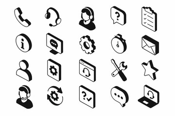Isometric communication and support icons collection: headset, gear, question mark, tools, computer