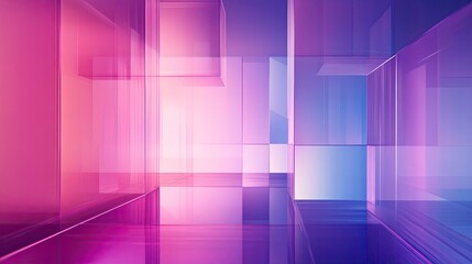Abstract artwork displaying overlapping translucent geometric forms and cubes creating a futuristic gradient optical effect in shades of pink, purple, and blue