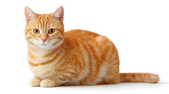 A close up studio portrait of a young ginger colored tabby cat featuring prominent stripes alert ears and captivating yellow eyes posed gracefully on a seamless white backdrop - Powered by Adobe
