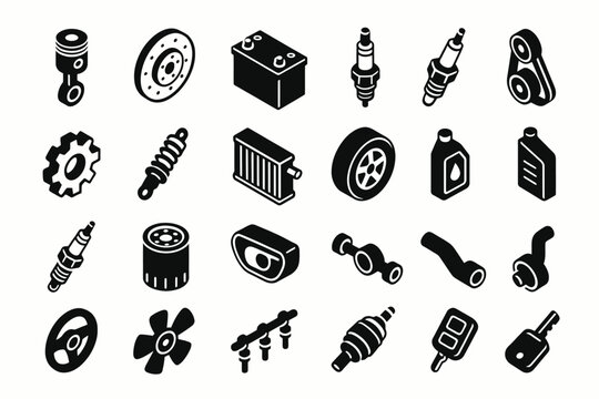 Vector icons of car parts: battery, spark plug, radiator, piston, gear, tire