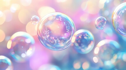 Iridescent soap bubbles reflect vibrant pastel light, creating a dreamy and ethereal abstract background with soft bokeh effects and a festive atmosphere