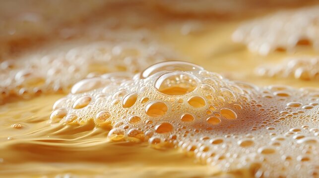 ro photograph capturing the intricate details of a golden beverage featuring a dynamic frothy surface with numerous translucent light reflecting bubbles