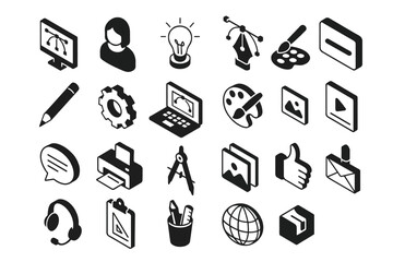 Black icons of graphic design tools including mobiles and computers in isometric style