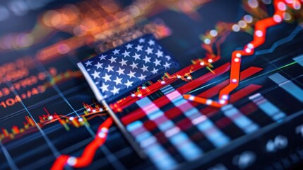 United States Flag Overlaid on Digital Stock Market Graphs and Financial Data Visualizations