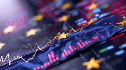 Abstract Financial Data Visualization with Graphs and Colorful Stars on Dark Background for Analytical Insights