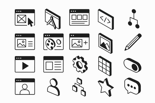 Set of black and white web design icons for ui development and layouts