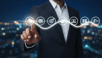 A professional in a tailored suit makes a precise digital gesture, interacting with an innovative interface, with various icons and a city backdrop.