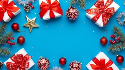 Christmas gift boxes and ornaments on blue background