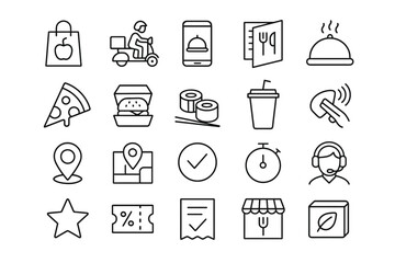 Food delivery icons including pizza, burger, sushi, and location symbols