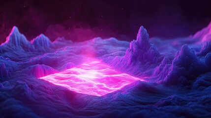 Abstract digital landscape showing a vibrant pink energy pulsing central area surrounded by undulating purple and blue geometric forms. Creating a futuristic. Data driven. And technological topography