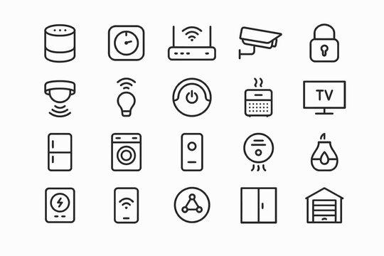Smart home icon set including devices and security symbols