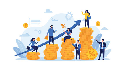 Business people standing on growing stacks of coins with a rising arrow, representing salary increases, economic growth, and financial success.