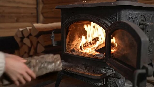 Cozy Fireplace Ambiance - Adding Wood to a Burning Stove.