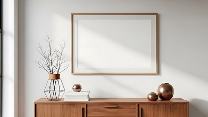 Wooden sideboard with copper decor and empty frame on white wall vase with branches