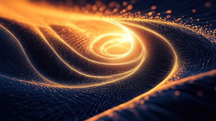 Abstract digital wave of glowing orange and blue particles creating a dynamic light swirl, representing data flow, energy interaction, and network connectivity